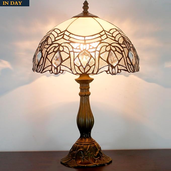 WERFACTORY Tiffany Lamp White Bent Stained Glass Bedside Table Lamp Desk Reading Light 12X12X18 Inches Decor Bedroom Living Room Home Office S508W Series