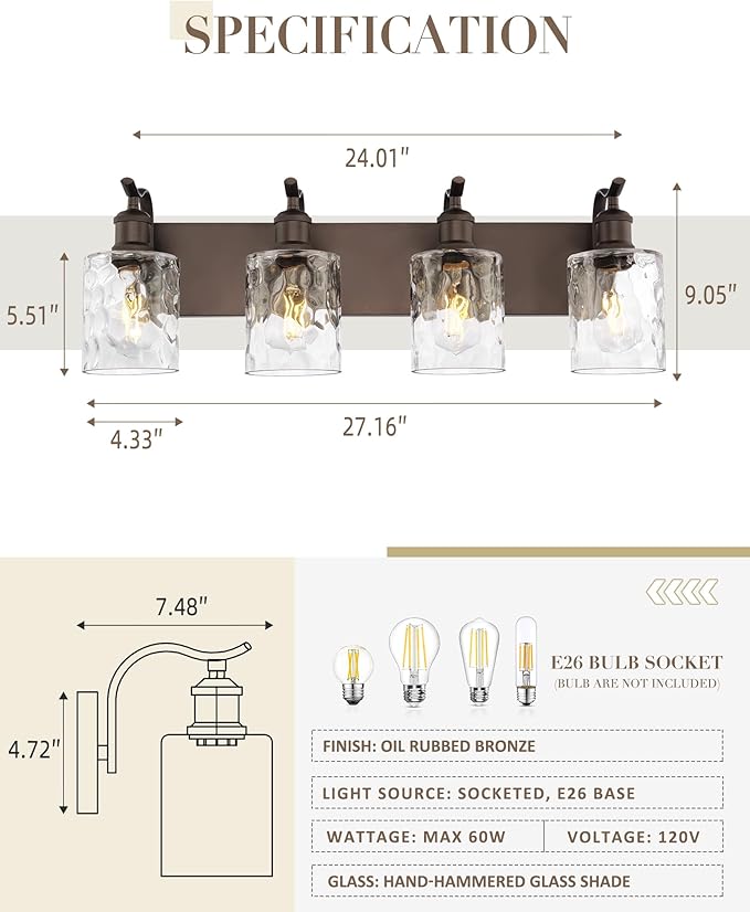 Bathroom Vanity Light Fixtures 4-Light Hammered Glass Modern Wall Mounted Over Mirror Oil Rubbed Bronze - VL01ORBH-4