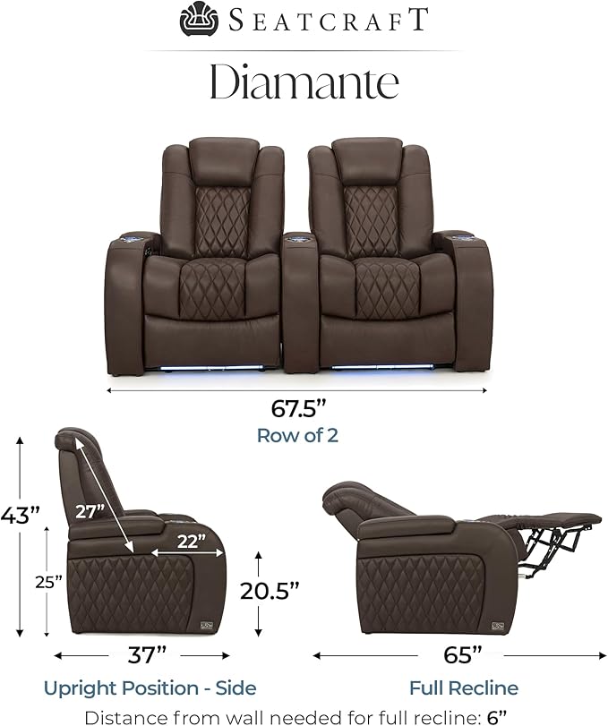 Seatcraft Diamante Zero-Gravity CoolZero Italian Leather Home Theater Seating, Power Headrest, Power Recline, Row of 2, Brown