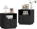 Fluted Nightstands Set of 2 - Black Nightstand with 2 Drawers & Open Shelves, 22" Wide Large Bedside Stand Modern Storage Wooden Side Tables for Bedroom (Elegant Black)