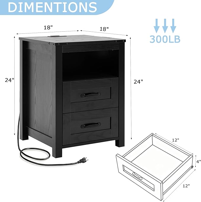 Puntogen Black Night Stand, Rustic End Table with Charging Station, Farmhouse Tall Nightstand for Bedroom, Drawer Dresser Bedside Table with Open Storage Shelf