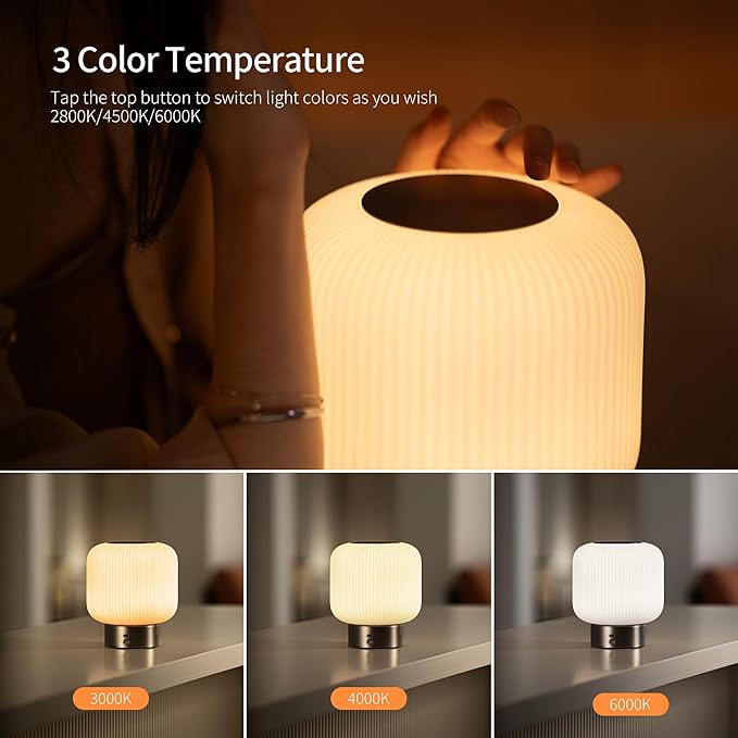 Aisilan Portable Opal Glass Lantern Table Lamp with Touch Control, 3W 3CCT Rechargeable Dimmable Motion Sensor Table Lamp for Headboard, Bookshelf, Corner