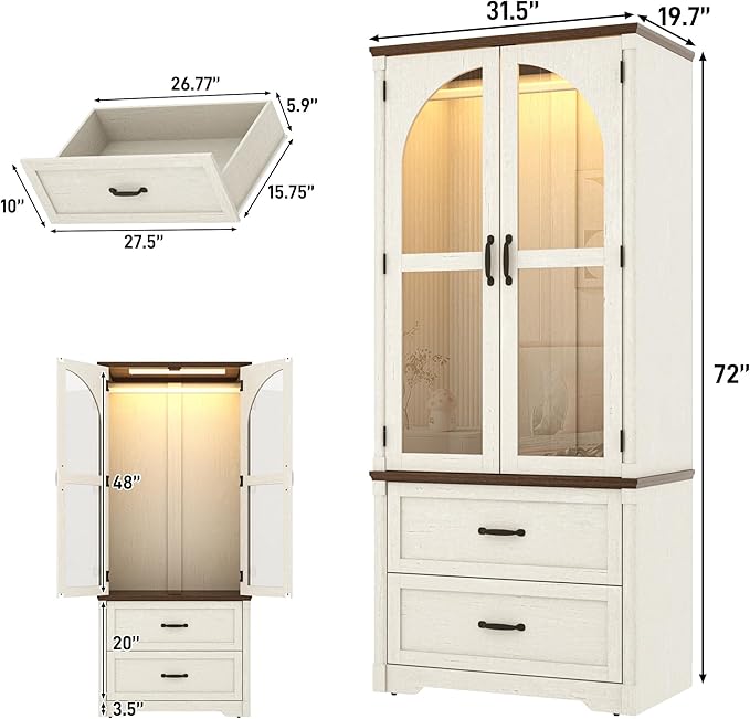 Tall Farmhouse 2 Doors Armoire Wardrobe Closet with LED ,72" Freestanding Arched Wardrobe Closet Cabinet for Bedroom w Glass Doors/Drawers,Wooden Clothing Storage Cabinet,Closets for Bedroom(White)