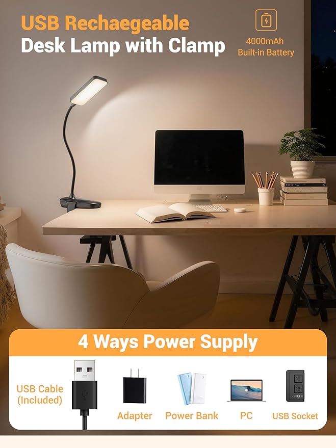 Clip on Light,9 Brightness+5 Color Rechargeable Desk Lamp,4000mAh Battery Operated Lights,450 Lumen 48 LED Desk Lamp with Clamp Light,Cordless Reading Lamps for Bed/Headboard/Bedside Table