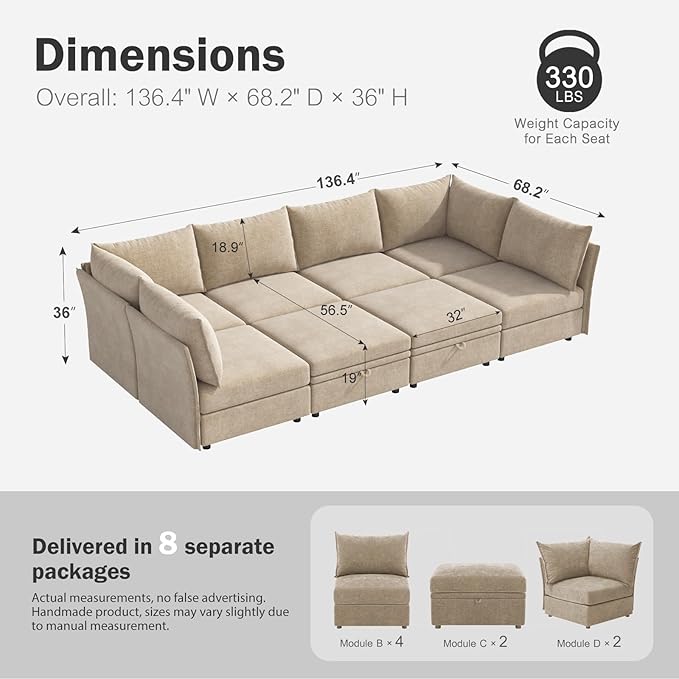 ABCASA 136.4" Oversized Modular Sectional Sleeper Sofa Bed, U Shaped Convertible Couch with Movable Ottoman, Large 8 Seat Corner Couches for Living Room Deep Seat Beige Chenille