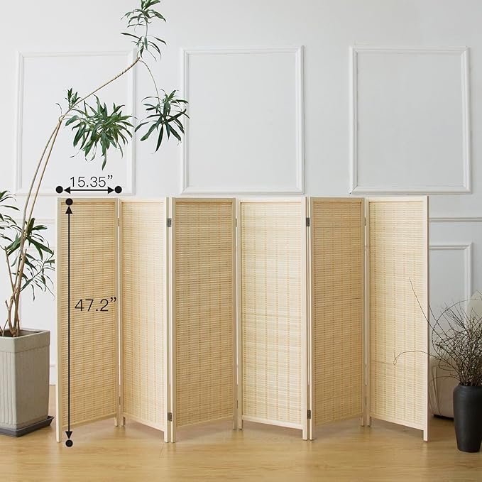 6 Panel Short Room Divider Screen,Beige Freestanding Partition,Small Bamboo Panel Divider for Room Seperation,3.95 FT Tall