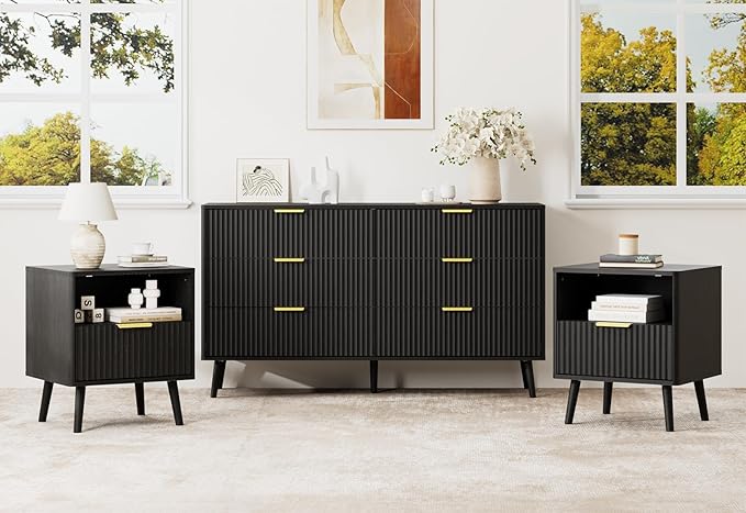 LYNSOM Fluted Dresser and Nightstand Sets 3 Piece, 6-Drawers Dresser and 1-Drawer Nightstands Set of 2, Wood Bedroom Furniture Set for Home, Bedroom, Hallway, Black