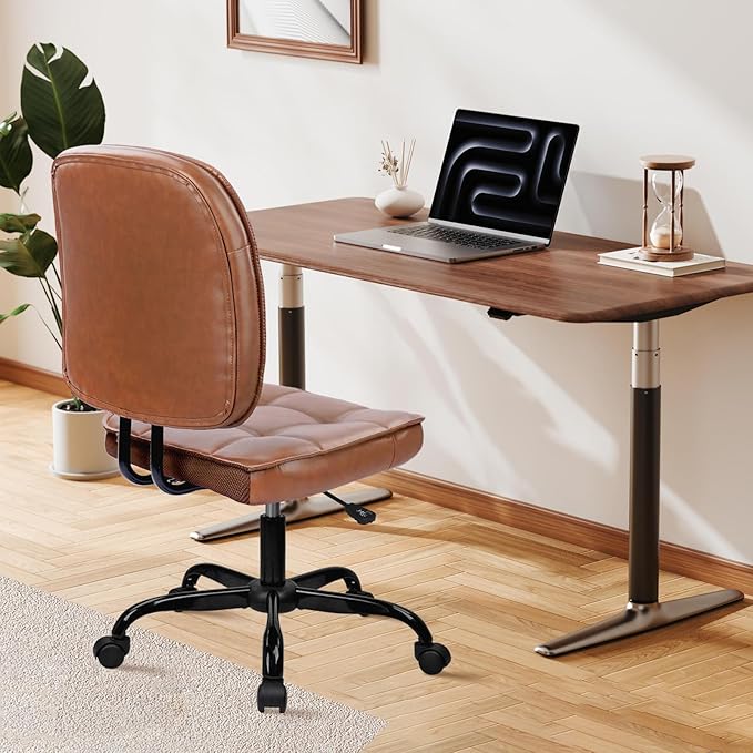 CLATINA Armless Home Office Chair with Lumbar Support and Wheels, Small PU Leather Ergonomic Low Back Desk Chairs No Arms, Adjustable Height 360° Swivel Rolling Computer Task Chair, Brown, 2 Pack