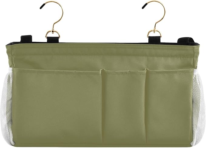 Olive Color Bedside Caddy Storage Bag Bedside Organizer for Dorm Room Top Bunk Bed Bedside Shelf Hanging Organizer 6 Pockets with Hooks for Glasses Book Tablet Holder
