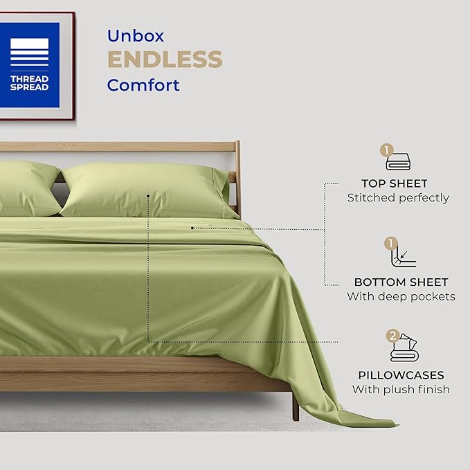 THREAD SPREAD Cotton Full Size Sheet Sets - 400 Thread Count 4 PC 100% Cotton Bed Sheets, 16” Deep Pocket Full Size Sheets Cotton, Soft, Sateen Cooling Full Sheet Set, Luxury Hotel Sheets (Sage Green)