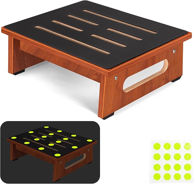 One Step Stool for Adults Seniors with Non-Slip Rubber Stepping Feet, Heavy Duty Wooden Step Stools for Bathroom, Bedroom, Kitchen & Bedside Support (Rustic Brown, 5.5 Inch-Noctilucent)
