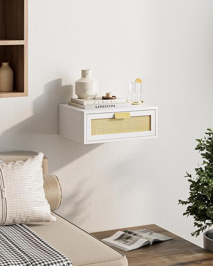 Floating Nightstand, Floating Shelf with Drawer, Wall Mounted Nightstand, Floating Bedside Table (White Rattan)