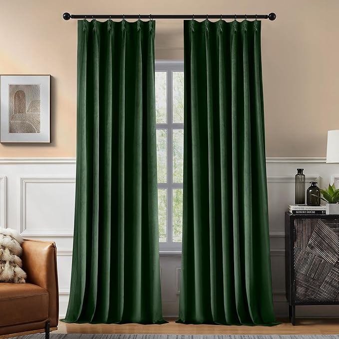 Pinch Pleated 100% Blackout Curtains for Bedroom, Olive Green Velvet Curtains for Living Room, Black Out Curtain 90 inch Long Room Darkening, Blackout Pinch Pleat Drapes with Hooks 2 Panels