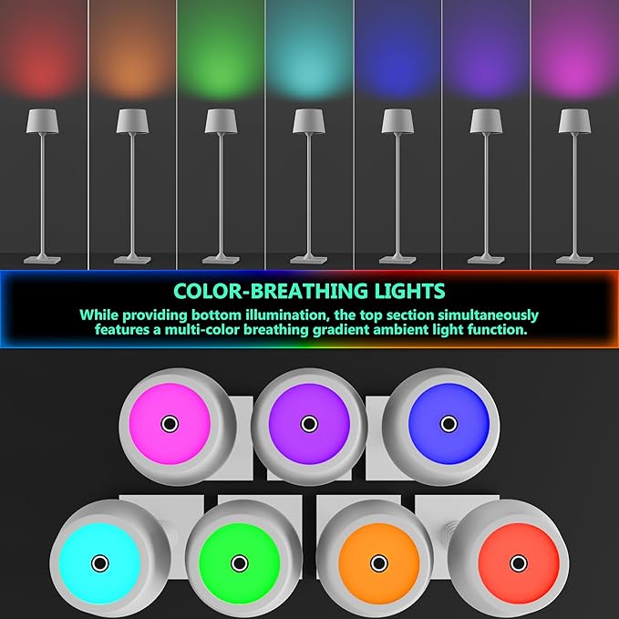 Modern LED Color-Changing Cordless Table lamp, 7 Colors, metal Shade, Touch control with sleep mode for Restaurant, Bedroom, Outdoor Camping, Coffee Shop, Night Light, Rechargeable (White 1PACK)