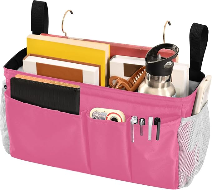 KOPIRIT Neon Rose Red Bedside Caddy Storage Bag Bedside Organizer for Dorm Room Top Bunk Bed Hanging Bag Bedside Shelf 6 Pockets with Hooks for Magazine Water Bottle Holder