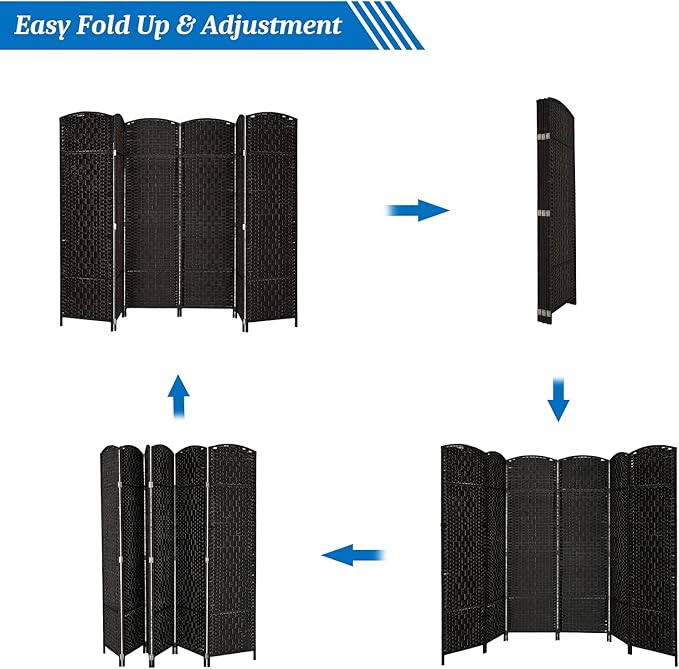 VINGLI 6-Panels Tall Rattan Room Divider, 6 FT Folding Privacy Screen, Indoor Partition Wall Dividers, Freestanding Hinged Space Separator (Black)