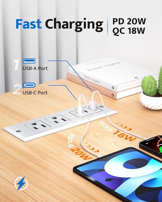 Recessed Power Strip with 20W USB C Port, Fast Charging USB A Port Conference Recessed Outlet, Space-Saver for Furniture Side Table, End Table, Desk Outlet with 6ft Cord, 45° Thin Flat Plug, White
