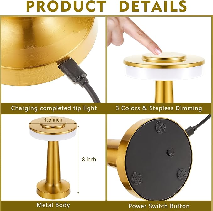 VIHOSE Cordless Table Lamps LED Portable Rechargeable Table Lamp with Touch Sensor 3 Color Dimming up to 15 Hours Battery Desk Light for Restaurant Nursery Living Room(Gold,24 Pcs)