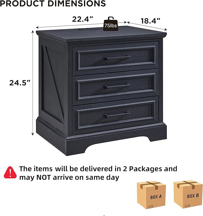 ACCOHOHO Farmhouse Nightstands Set of 2, 22 Inch Wide End Table with Charging Station & 3 Large Drawers, Rustic Wood Small Dresser Chest of Drawers for Bedroom, Living Room, Black