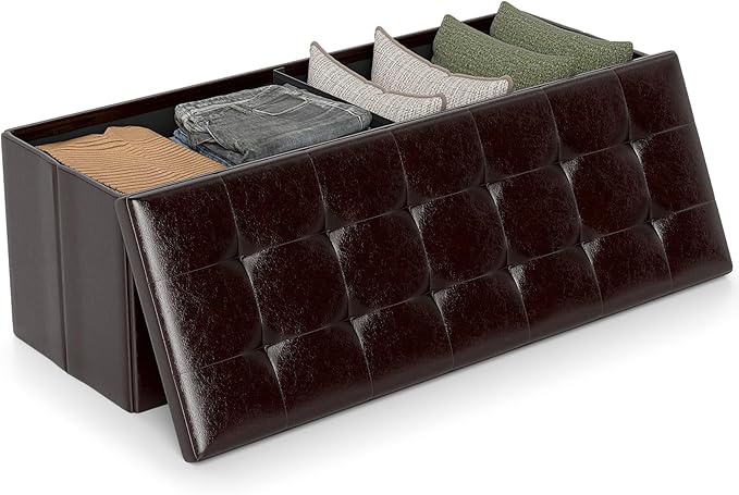 Giantex 43 Inches Folding Storage Ottoman Bench, Upholstered PU Leather Storage Chest with Side Pocket, Padded Seat, End of Bed Bench, Collapsible Ottoman Foot Rest for Living Room, Bedroom & Entryway