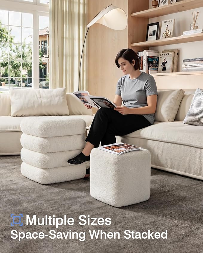 Square Set of 2 Sherpa Nesting Storage Ottoman Stool Boucle Vanity Stool Footstool with Removeable lid Load up to 440 lbs for Livingroom Bedroom White UASND69W