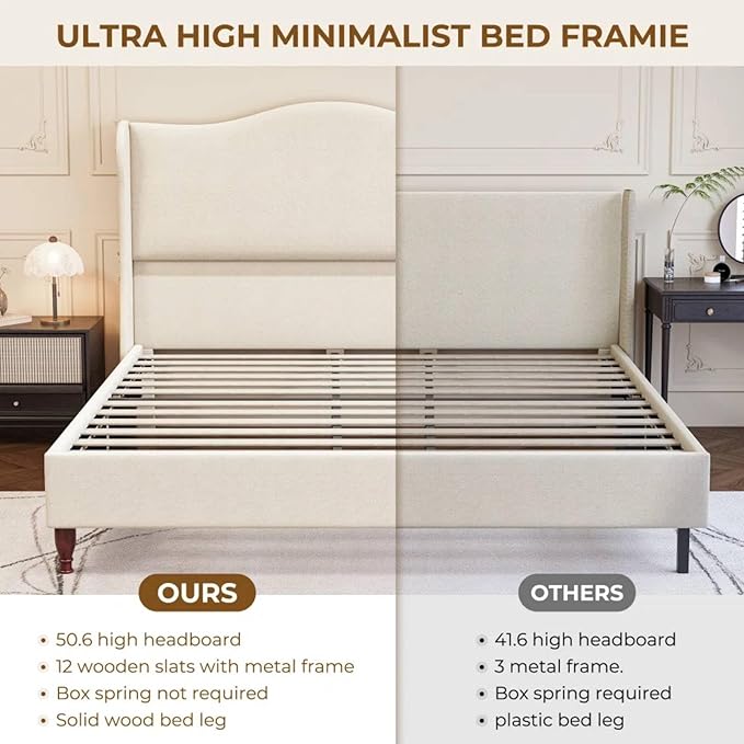 koorlian King Size Bed Frame Fully Upholstered Platform Bed with 51'' Tall Headboard, Sleigh Wingback and Solid Wood Retro Legs, Soft Fabric/Modern Minimalist Style/Easy Assembly, Beige