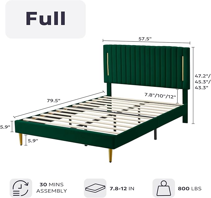 Full Platform Bed Frame, Velvet Upholstered Bedframe with Vertical Channel Adjustable Headboard, Golden Plating Trim, Mattress Foundation with Wooden Slats, No Box Spring Needed, Green