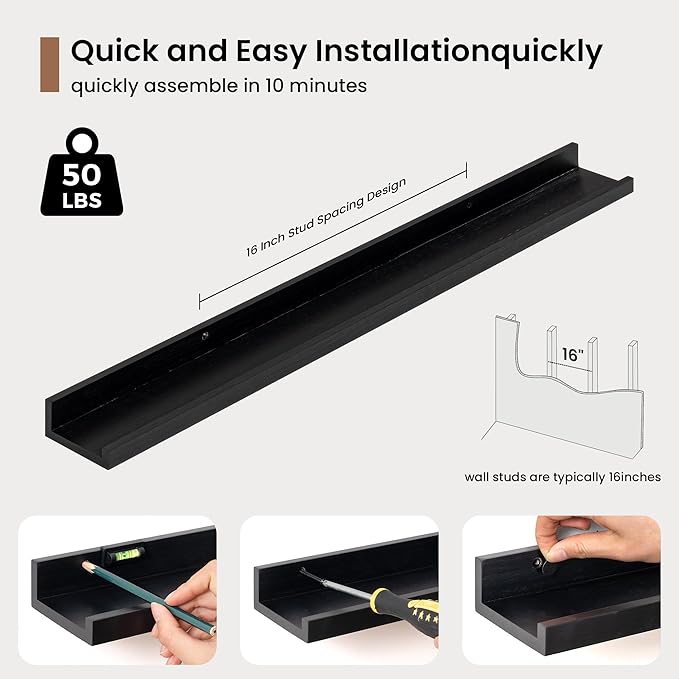 Picture Ledge Shelf, Floating Shelves Set of 2, 32 Inches Solid Wood Nursery Book Shelves for Toys Storage, Kids Bookshelf Wall Mounted for Living Room Bedroom Decor Books Photo Frames, Black