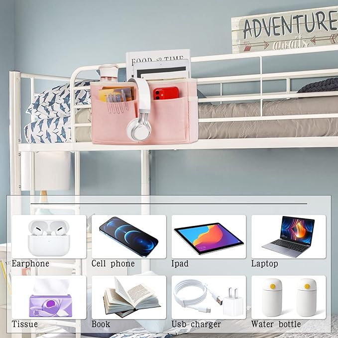 Retyion Bedside Caddy Bedside Storage Organizer Hanging Bunk Bed Dorm Room with Side Pockets for Water Bottles, Books, Cell Phones, Headphones 2 Pack (Pink)