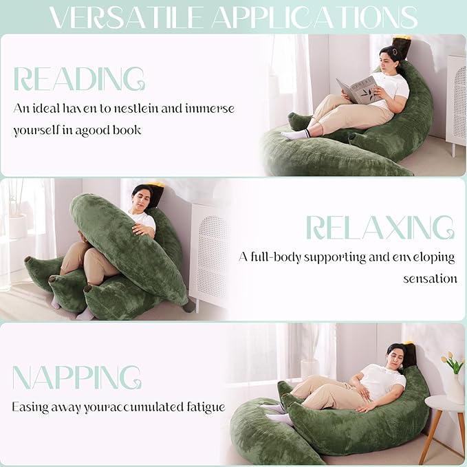 Banana Bean Bag Chair with Ottoman, Floor Sofa Bed with Footrest, Comfy Convertible Lounger for Adults, Plush Couch for Bedroom, Living Room or Dorm, L-DarkGreen