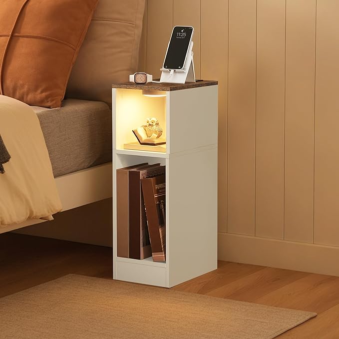 Narrow Nightstand, Slim End Table with Charging Station and LED Sensor Light, Modern Side Table, Bedside Table, for Small Spaces, Living Room, Bedroom, Rustic Brown and White ETBR30E01