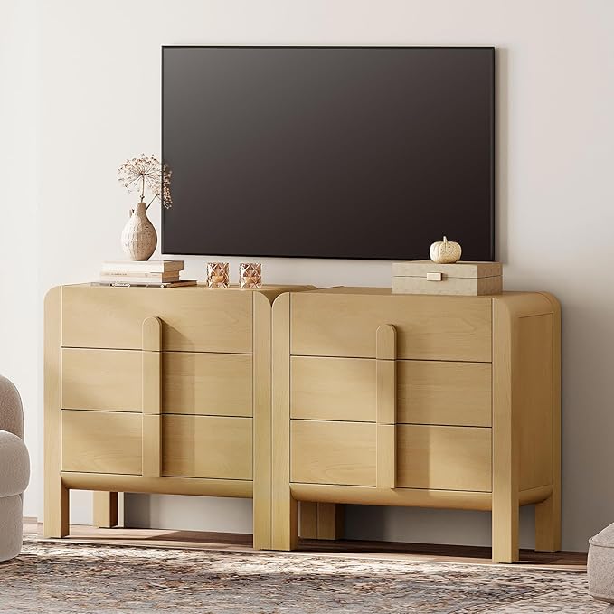WAMPAT 6 Drawer Dresser for Bedroom, 2 in 1 63" Wide Mid Century Modern Wide Chest of Drawer, Wood Tall Nightstand with Curved Edge Handles, Closet Dresser TV Stand for Bedroom, Oak
