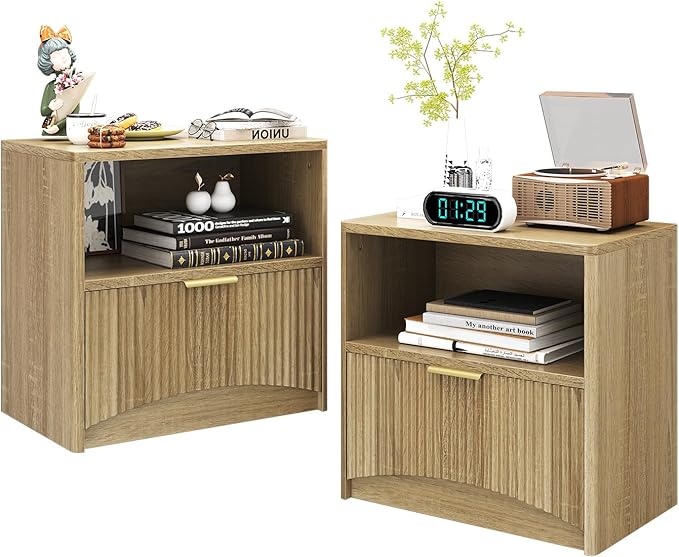Fluted Nightstand Set of 2, MCM Mid Century Modern Bedside Tables with Drawer and Open Shelf, Minimalist Wood Bedside Table Fluted End Tables for Bedroom, Natural Oak