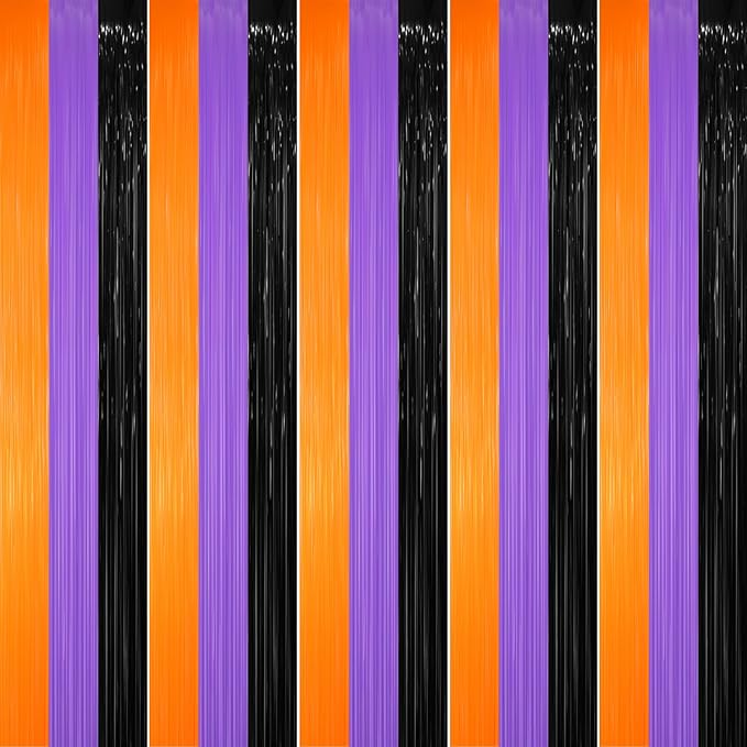 GOER 3.2 ft x 8.2 ft Metallic Tinsel Foil Fringe Party Backdrop for Halloween Birthday Graduation New Year's Party Decorations(5 Packs,Black&Orange&Purple)