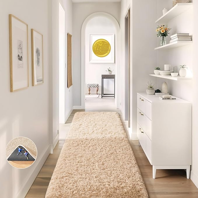 Ophanie Runner Rug for Hallway, 2x6 Upgrade Non-Slip Fluffy Soft Bedside Rugs, Bedroom Living Room Beige Shaggy Carpet for Kids Girls Boys Dorm Nursery Home Decor Aesthetic