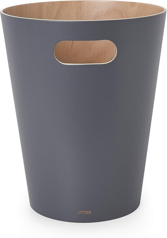 Umbra Woodrow 2-Gallon Modern Wooden Trash Can Wastebasket, Attractive Bin for Garbage or Recycling, Suitable for Home or Office, Dark Grey/Natural
