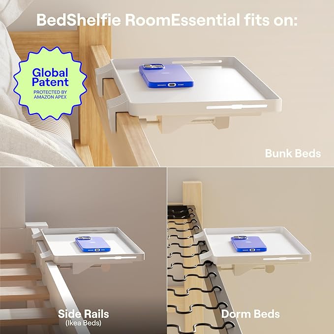 BedShelfie Bedside Shelf for Dorm Room Bunk Bed & Top Bunk, College Dorm Room Essentials, Bedside Caddy, Clip on Floating Tray, Bed Side Table Storage, Loft Nightstand Decor - Dorm Essential, White