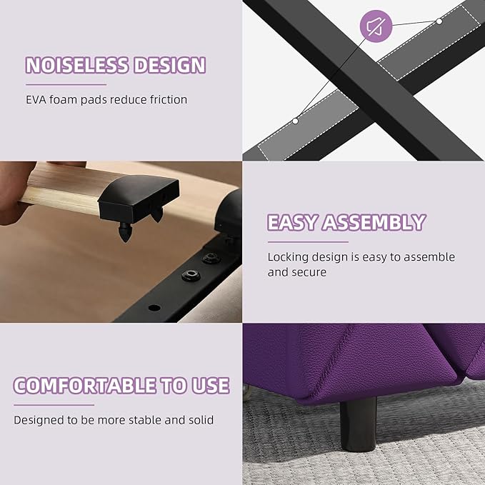 BarnFurin Queen Size Bed Frame with Headboard, Faux Leather Upholstered Bed with Diamond Tufted Design, Mordern Bed Frame with Wooden Slats Suppor, No Box Spring Required, Easy Assembly, Purple