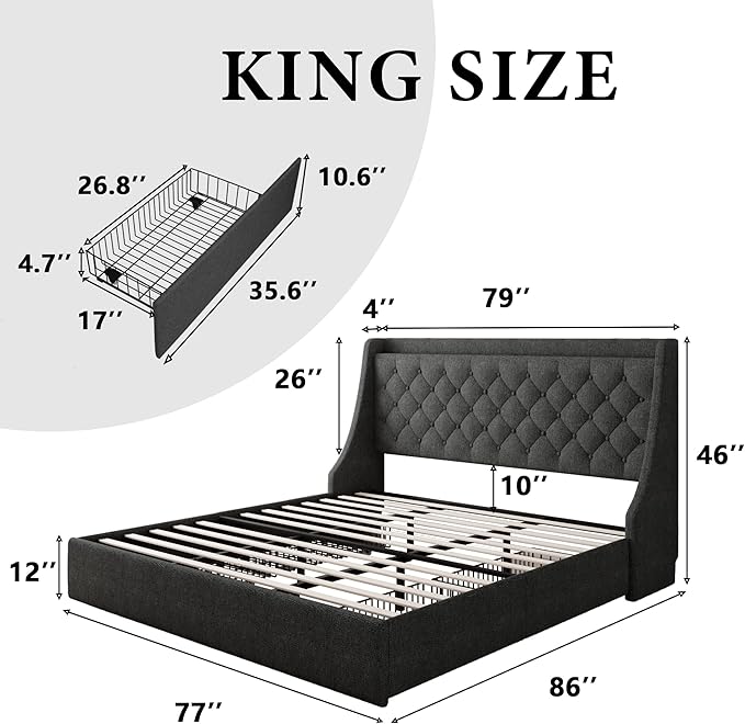 iPormis King Size Bed Frame with 4 Storage Drawers, Upholstered Platform Bed Frame with Type-C & USB Ports, Wingback Storage Headboard, Solid Wood Slats, No Box Spring Needed, Dark Gray