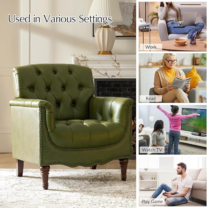 HULALA HOME Mid Century Modern Leather Club Chairs, Top-Grain Genuine Leather Armchairs with Button-Tufted Back & Solid Wood Legs, Accent Chairs for Living Room/Bedroom/Home Office, Olive