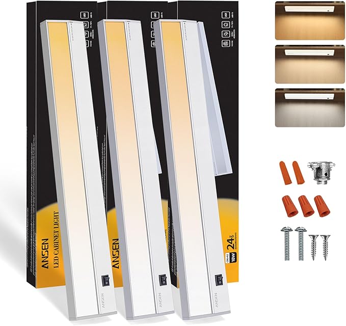 Ansen 3Packs of Under Cabinet Lights for Kitchen, 24in 18W 1237LM, Dimmable Hardwire Led Light for Closet, CRI>92, R9>90, 3 Color Temperature 3000K/4000K/5000K(Warm White, Cool White, Daylight)