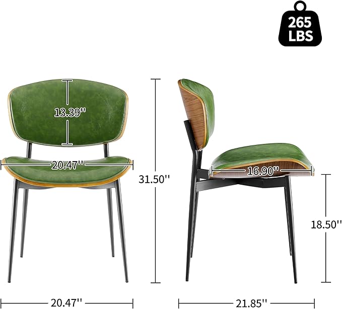Art Leon Dining Chairs Set of 4 - Walnut Bentwood, Mid Century Modern Dining Room Chairs, Faux Leather Upholstered Desk Chair with Black Metal Legs, Green