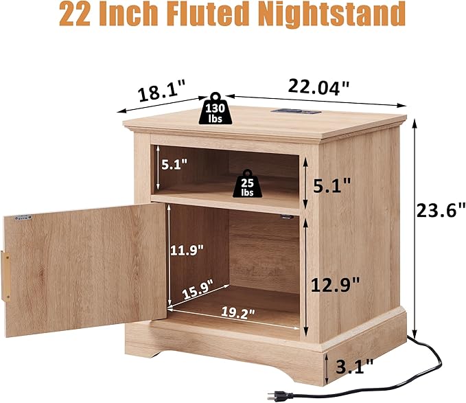 22" Large Fluted Nightstand with Charging Station, Modern End Table, Wood Side Table w/Open Shelf & Spacious Tabletop, Bedside Table with Storage Space for Bedroom, Living Room-Natural