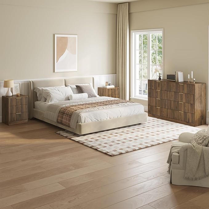 8 Drawer Dresser & 3 Drawer Nightstand Set 3-Piece, Tall Fluted Dresser and Night Stand Set of 2 with Metal Handle, Modern Wood Chest of Drawers Storage Dressers Set for Bedroom, Walnut