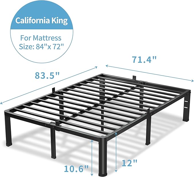 12 Inch California King Bed Frame, 3500Lbs Heavy Duty Metal Platform with Round Corner Legs Mattress Slide Stopper, Steel Slat Support No Box Spring Needed, Noise Free, Non-Slip, Easy Assembly
