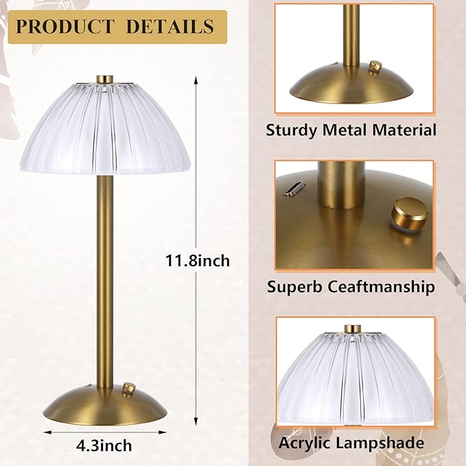 Liliful 4 Pcs Cordless Table Lamp Rechargeable Touch LED Small Gold Portable Battery Operated USB-c Desk Lamp 3 Color Dimmable for Bedroom Living Room Dining (Gold,Mushroom Style)