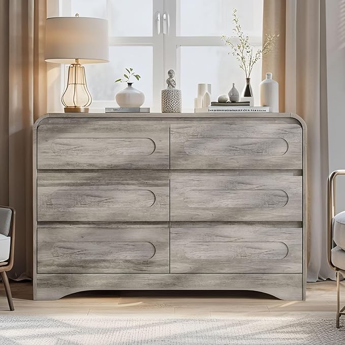 Dresser for Bedroom with 6 Drawers, 47" Wide Modern Dressers & Chest of Drawers with Curved Profile Design, Wood Closet Clothes Storage Dressers Organizer for Bedroom Living Room Hallway, Grey