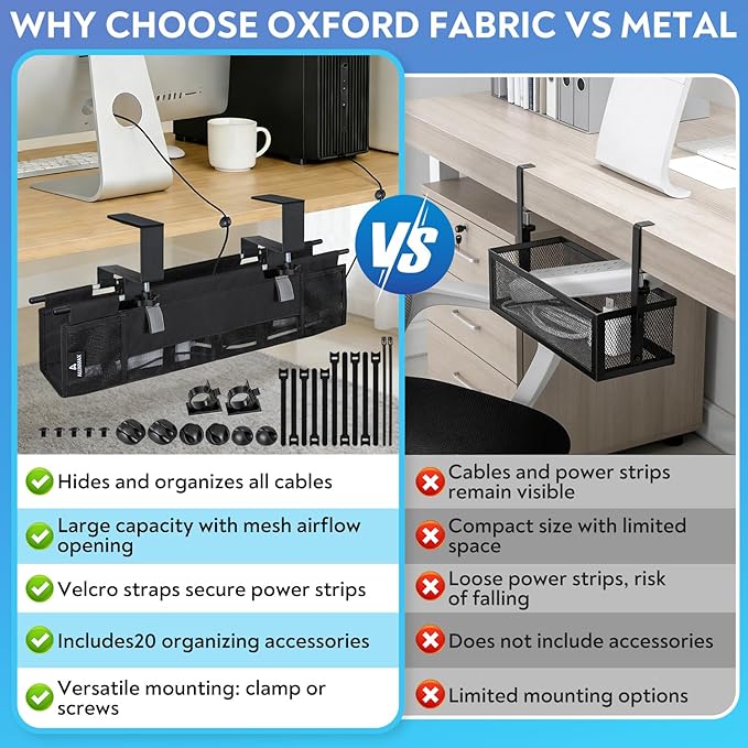Under Desk Cable Organizer with Mesh Slot for Ventilation, Quick Mount with Clamp or Screws to Hold Fabric Cable Tray, Kit for Tidy Cord & Wire Management for Home Office Standing Desk
