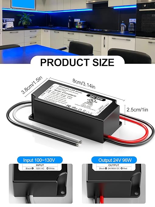 96W 24V Dimmable LED Driver UL Listed, DC 24V Triac ELV/MLV LED Dimmable Power Supply Compatible with Lutron & Leviton Switches 96 Watt LEDs Transformer 24 Volt Smooth Flicker Free Dimming