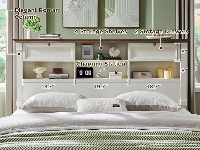Farmhouse Queen Size Bed Frame with 54" Tall Storage Bookcase Headboard, Wood Platform Bed Frame with 2 Drawers & 18" Tall Roman Column Decoration Footboard, No Box Spring Needed(Antique White)